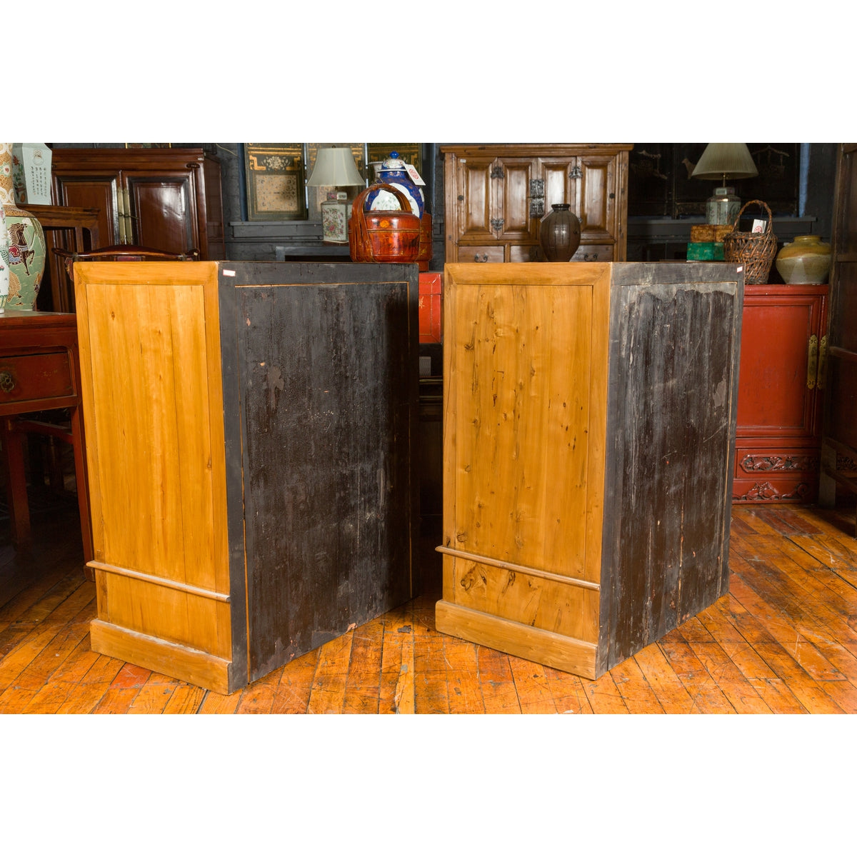 Pair of Chinese Qing Dynasty Carved Yumu Wood Cabinets with Doors and Drawers-20. Asian & Chinese Furniture, Art, Antiques, Vintage Home Décor for sale at FEA Home