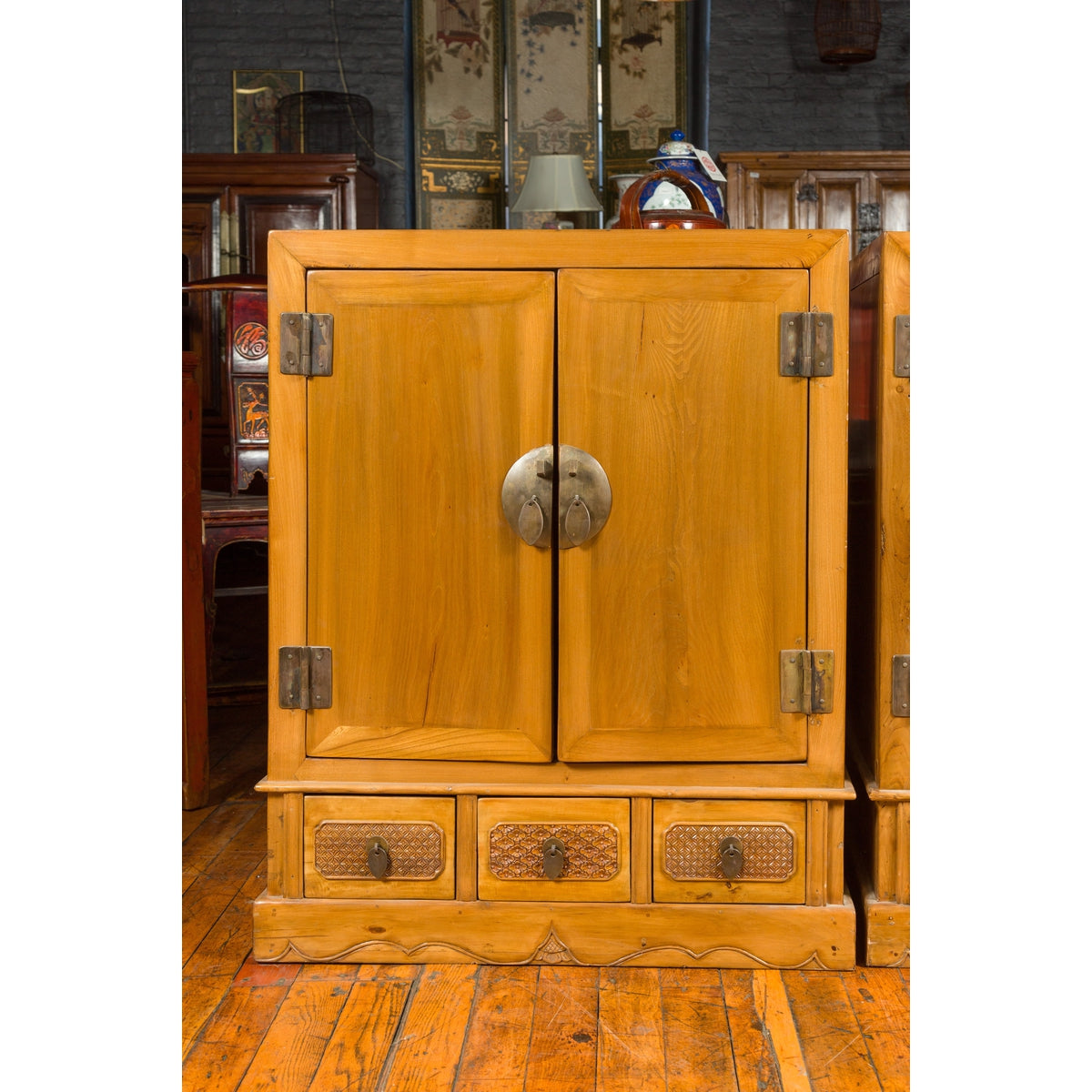 Pair of Chinese Qing Dynasty Carved Yumu Wood Cabinets with Doors and Drawers-5. Asian & Chinese Furniture, Art, Antiques, Vintage Home Décor for sale at FEA Home