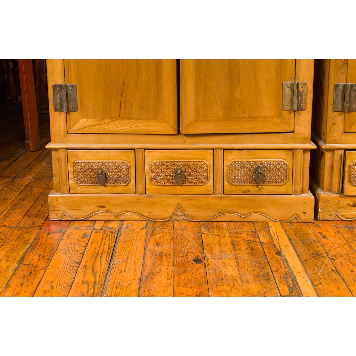 Pair of Chinese Qing Dynasty Carved Yumu Wood Cabinets with Doors and Drawers-9. Asian & Chinese Furniture, Art, Antiques, Vintage Home Décor for sale at FEA Home