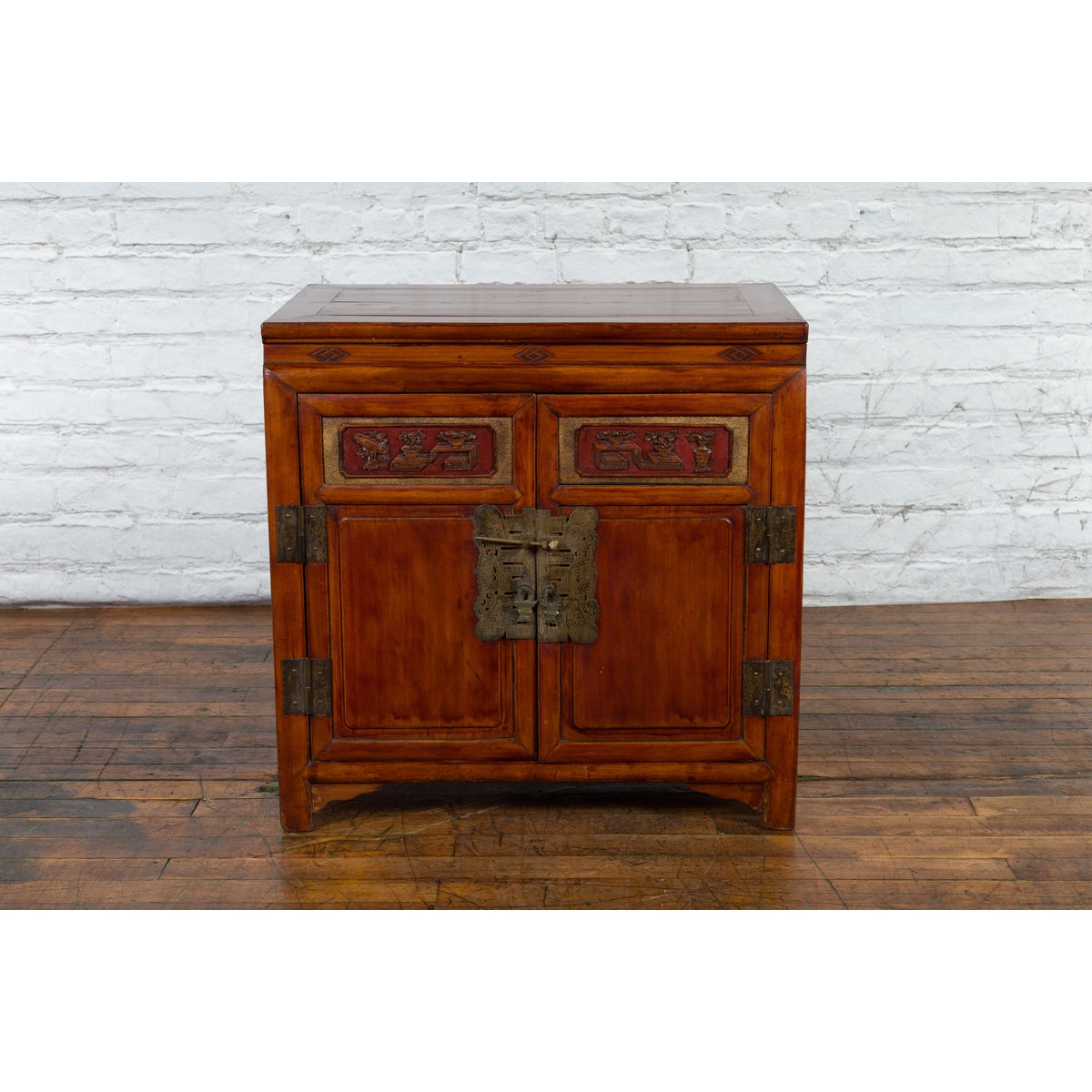 Antique Chinese Side Cabinet with Carved Panels, Gilt Accents and Hidden Drawers-2. Asian & Chinese Furniture, Art, Antiques, Vintage Home Décor for sale at FEA Home