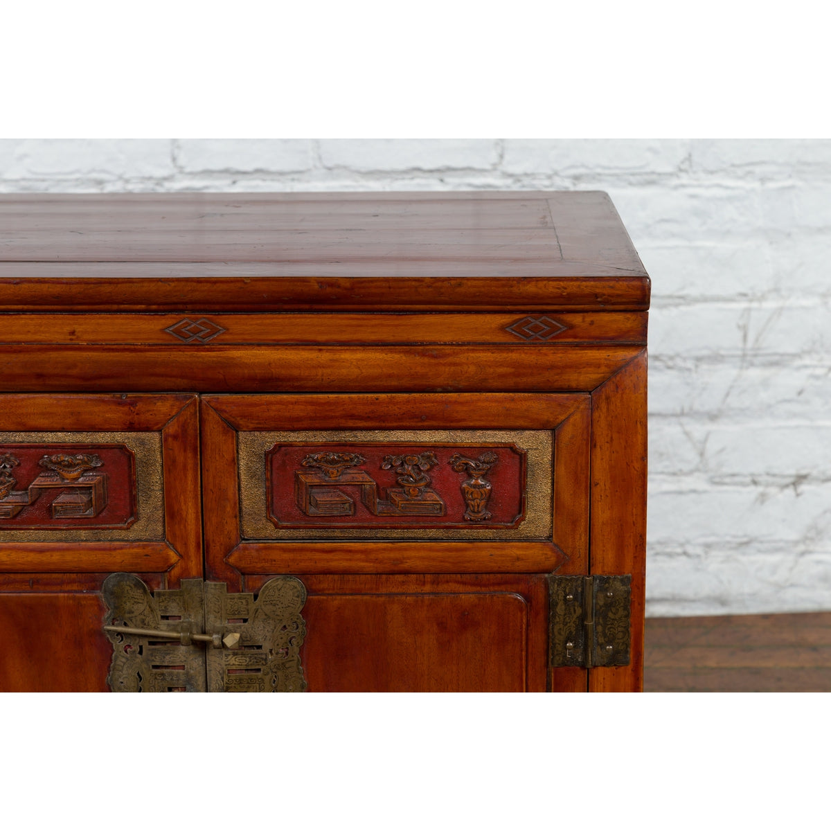 Antique Chinese Side Cabinet with Carved Panels, Gilt Accents and Hidden Drawers-7. Asian & Chinese Furniture, Art, Antiques, Vintage Home Décor for sale at FEA Home