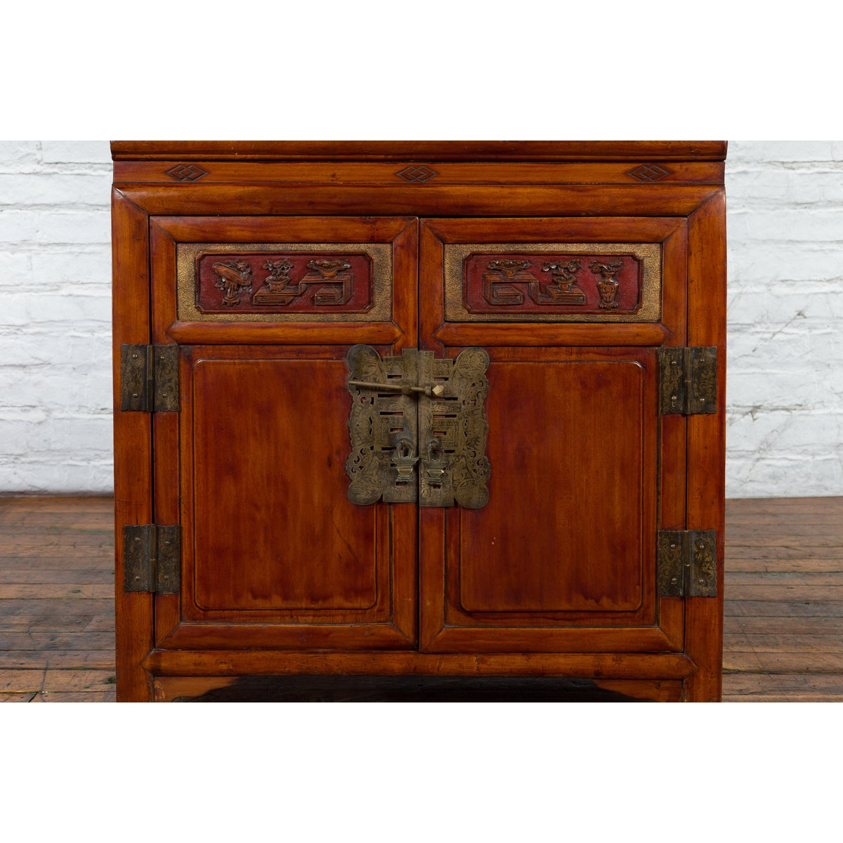 Antique Chinese Side Cabinet with Carved Panels, Gilt Accents and Hidden Drawers-8. Asian & Chinese Furniture, Art, Antiques, Vintage Home Décor for sale at FEA Home