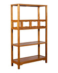 Brown elmwood Chinese Qing Dynasty bookcase with three shelves and pierced cartouches, full front view.