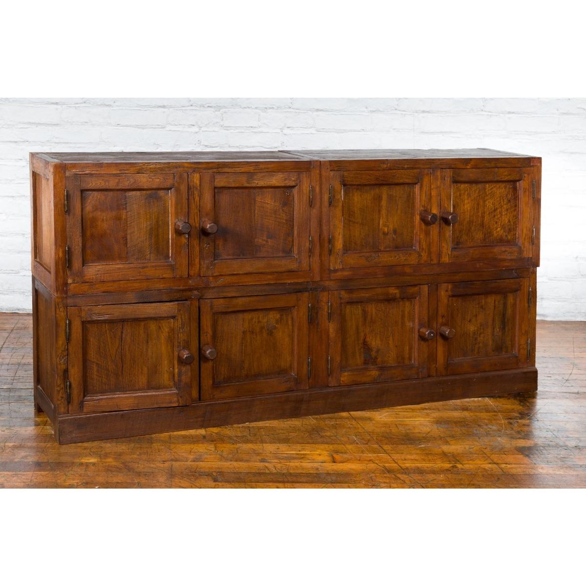 Javanese Vintage Brown Lacquer Eight Door Bookcase with Recessed Panels-3. Asian & Chinese Furniture, Art, Antiques, Vintage Home Décor for sale at FEA Home