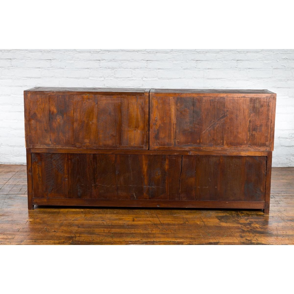 Javanese Vintage Brown Lacquer Eight Door Bookcase with Recessed Panels-9. Asian & Chinese Furniture, Art, Antiques, Vintage Home Décor for sale at FEA Home