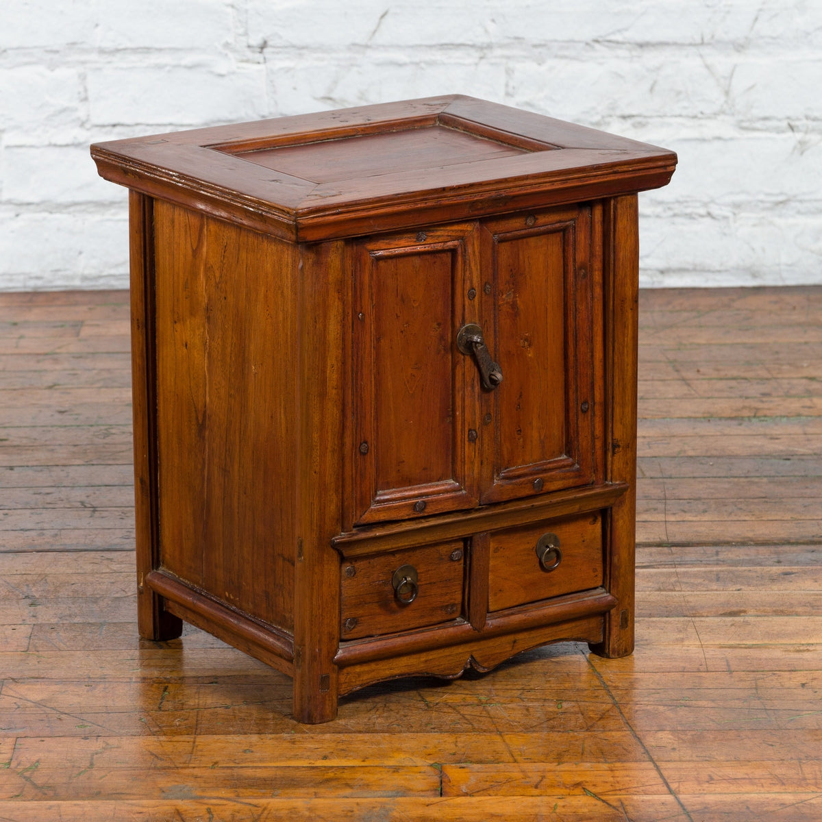 Chinese Early 20th Century Elmwood Bedside Cabinet with Scalloped Apron-3. Asian & Chinese Furniture, Art, Antiques, Vintage Home Décor for sale at FEA Home