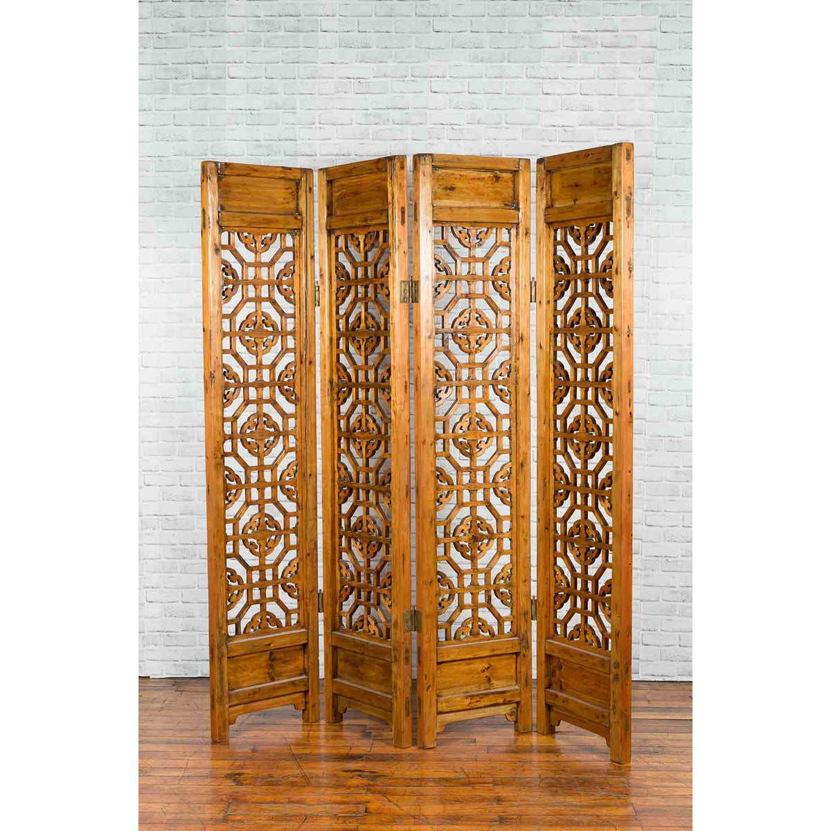 Chinese Early 20th Century Fretwork Four-Panel Screen with Geometric Motifs-15. Asian & Chinese Furniture, Art, Antiques, Vintage Home Décor for sale at FEA Home