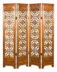 Warm brown wood four-panel screen with geometric fretwork motifs, early 20th century design.