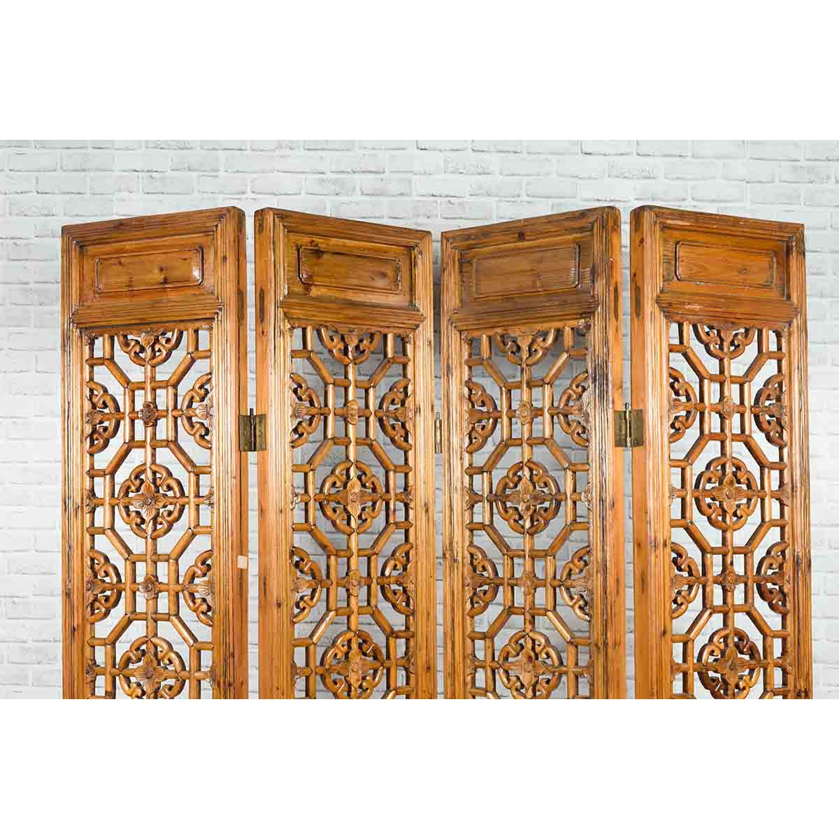 Chinese Early 20th Century Fretwork Four-Panel Screen with Geometric Motifs-5. Asian & Chinese Furniture, Art, Antiques, Vintage Home Décor for sale at FEA Home