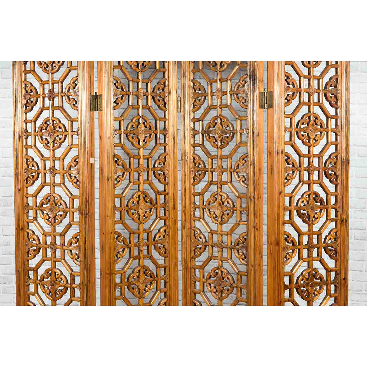 Chinese Early 20th Century Fretwork Four-Panel Screen with Geometric Motifs-6. Asian & Chinese Furniture, Art, Antiques, Vintage Home Décor for sale at FEA Home