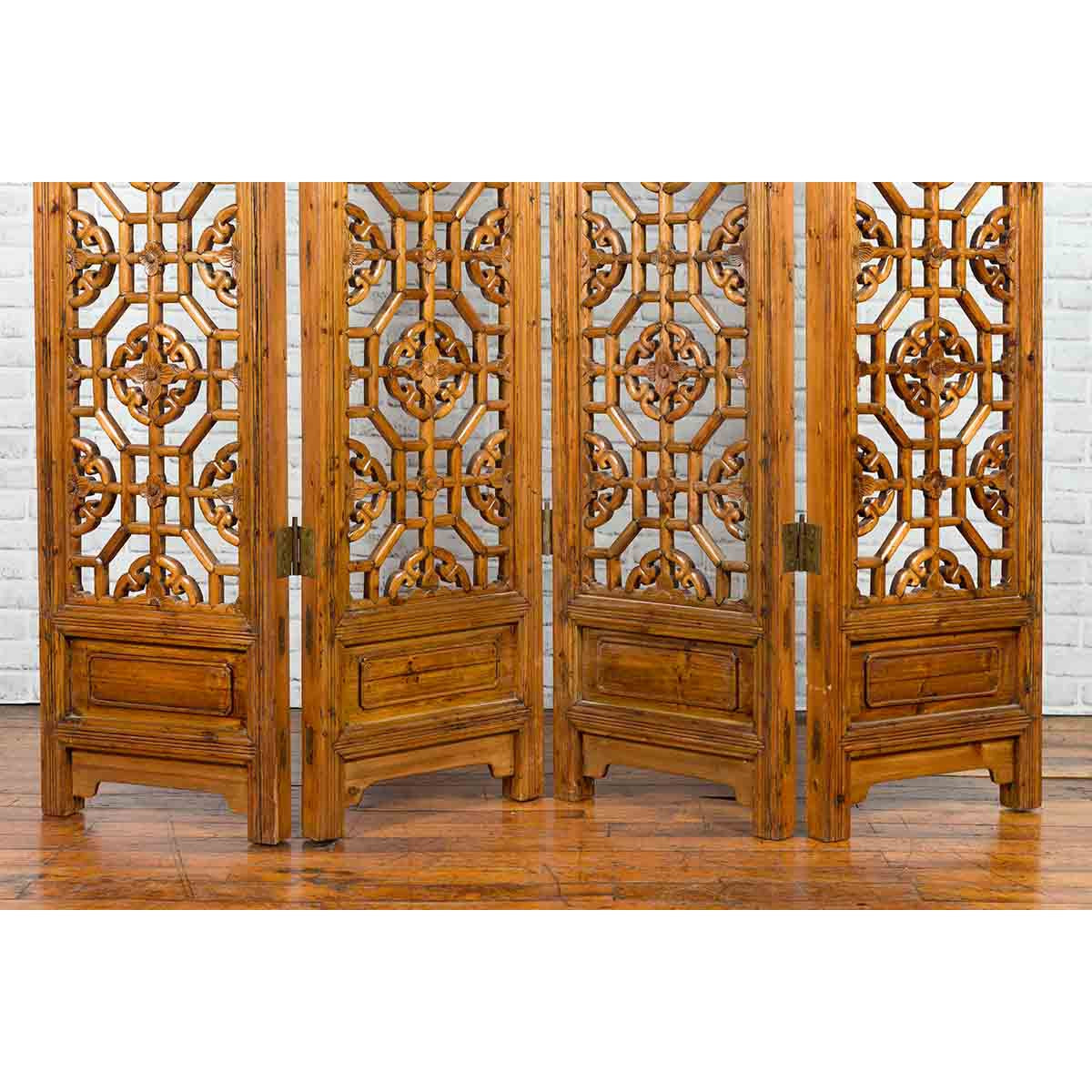 Chinese Early 20th Century Fretwork Four-Panel Screen with Geometric Motifs-7. Asian & Chinese Furniture, Art, Antiques, Vintage Home Décor for sale at FEA Home