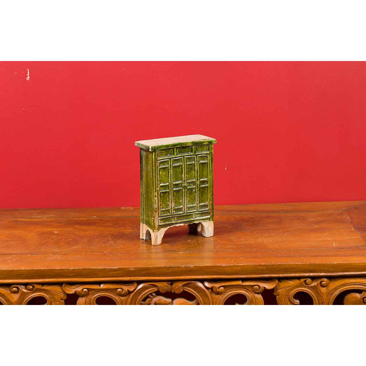 Chinese Ming Dynasty Period Green Glazed Miniature Armoire with Bracket Feet-8. Asian & Chinese Furniture, Art, Antiques, Vintage Home Décor for sale at FEA Home
