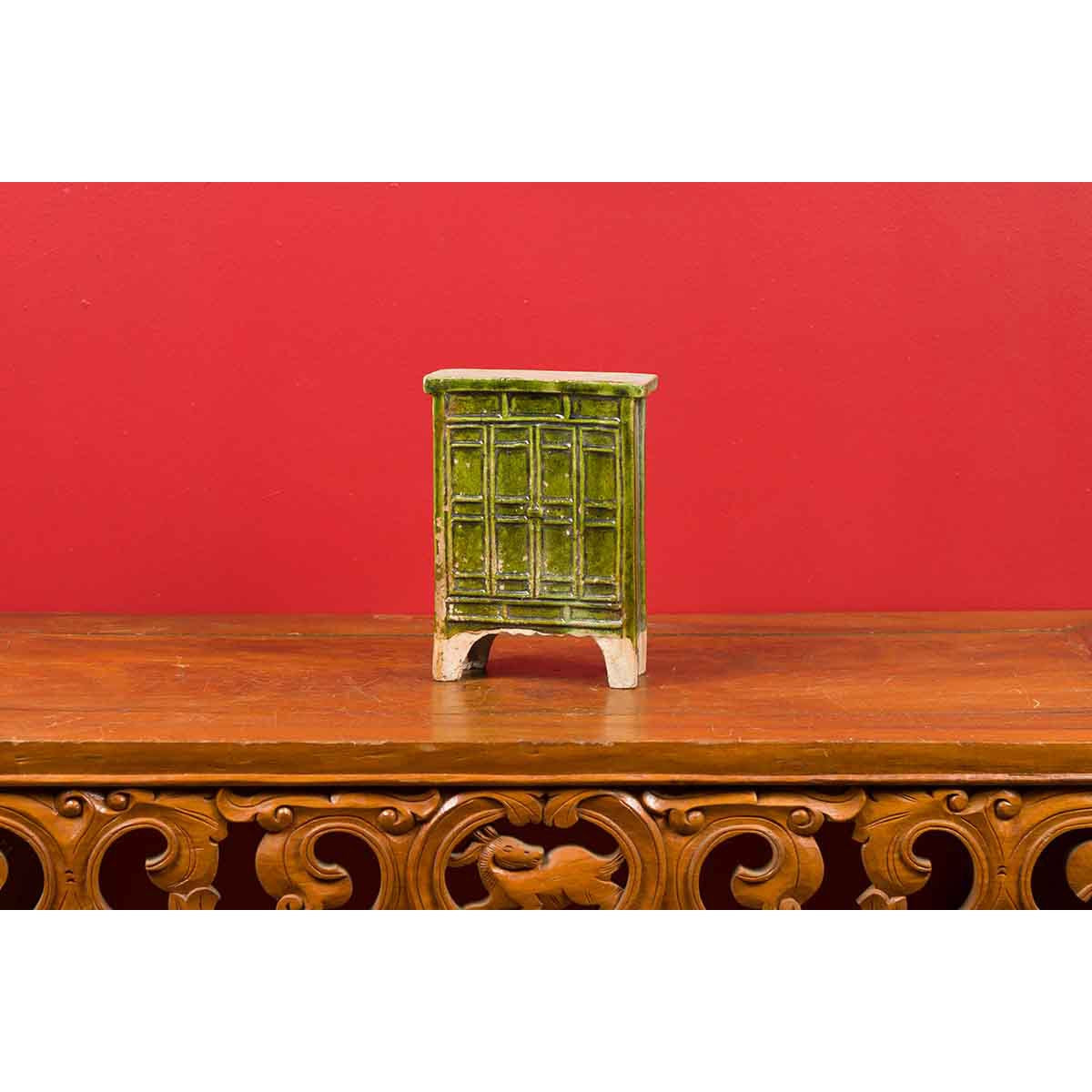 Chinese Ming Dynasty Period Green Glazed Miniature Armoire with Bracket Feet-12. Asian & Chinese Furniture, Art, Antiques, Vintage Home Décor for sale at FEA Home