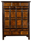 Dark wood Chinese Qing Dynasty armoire cabinet with 14 drawers and two paneled doors, antique style.