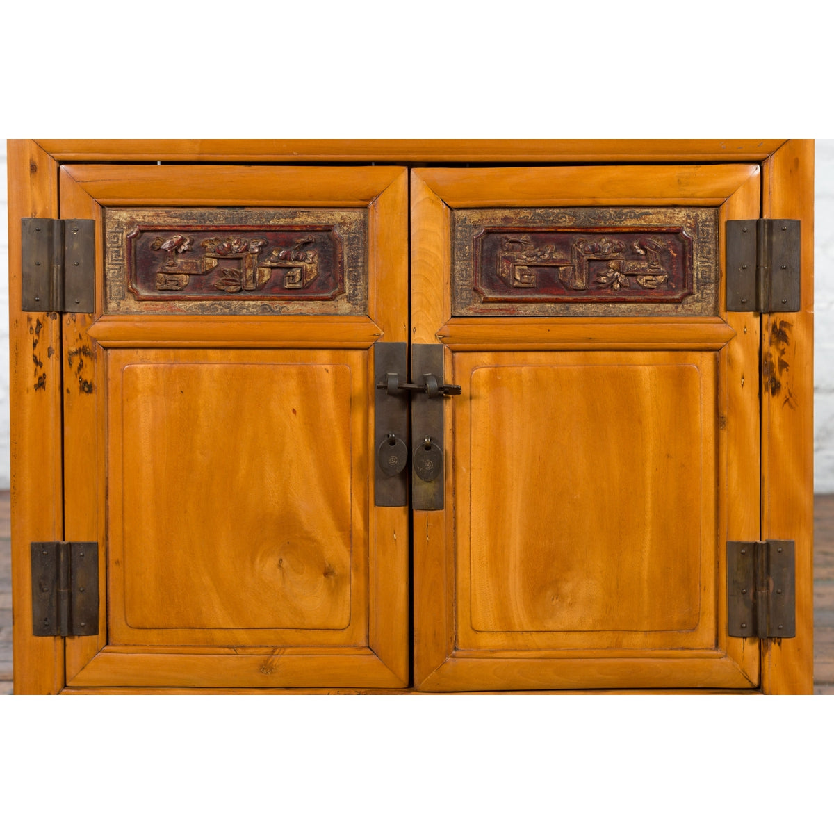 Chinese Antique Elmwood Side Cabinet with Carved Panels and Hidden Drawers-10. Asian & Chinese Furniture, Art, Antiques, Vintage Home Décor for sale at FEA Home