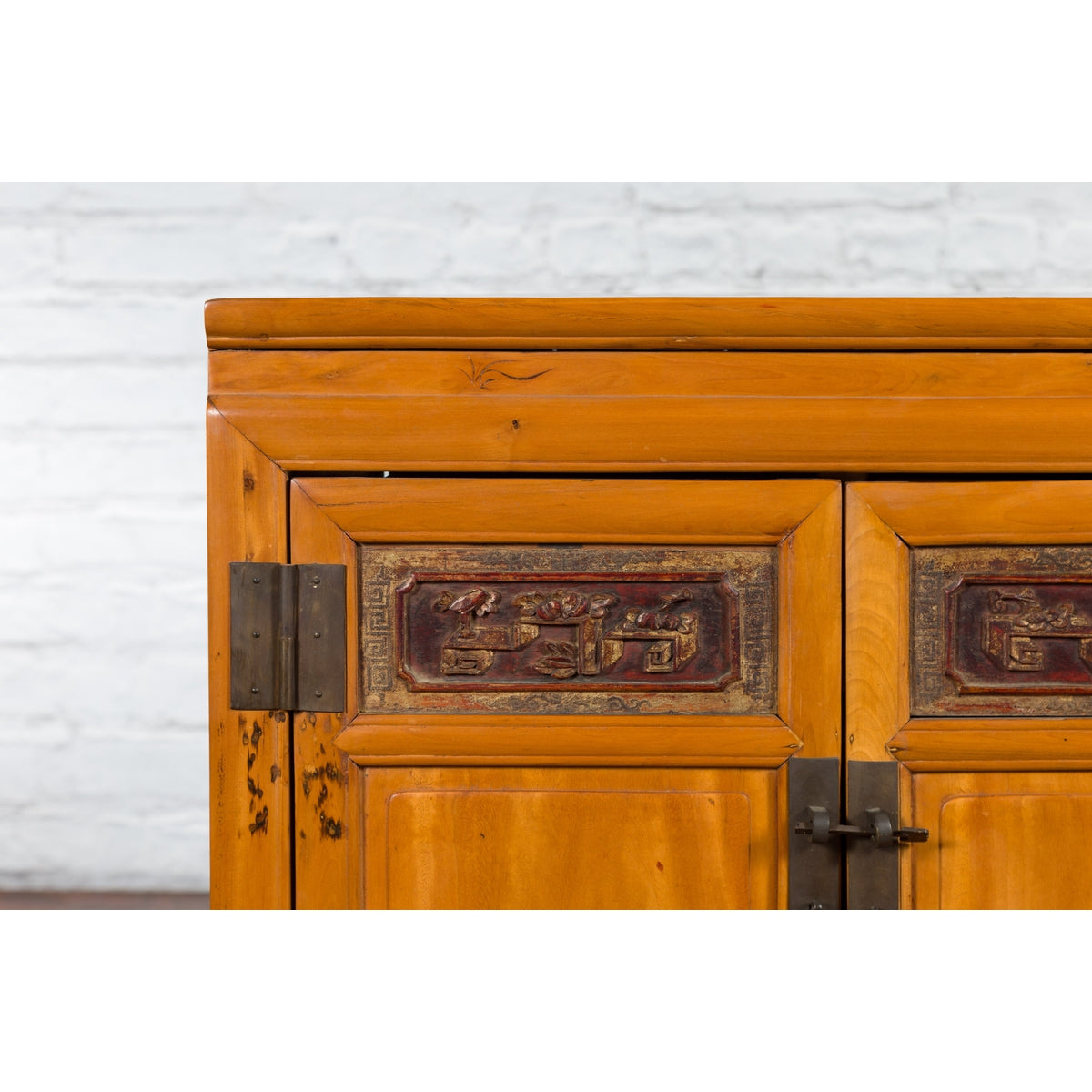 Chinese Antique Elmwood Side Cabinet with Carved Panels and Hidden Drawers-6. Asian & Chinese Furniture, Art, Antiques, Vintage Home Décor for sale at FEA Home
