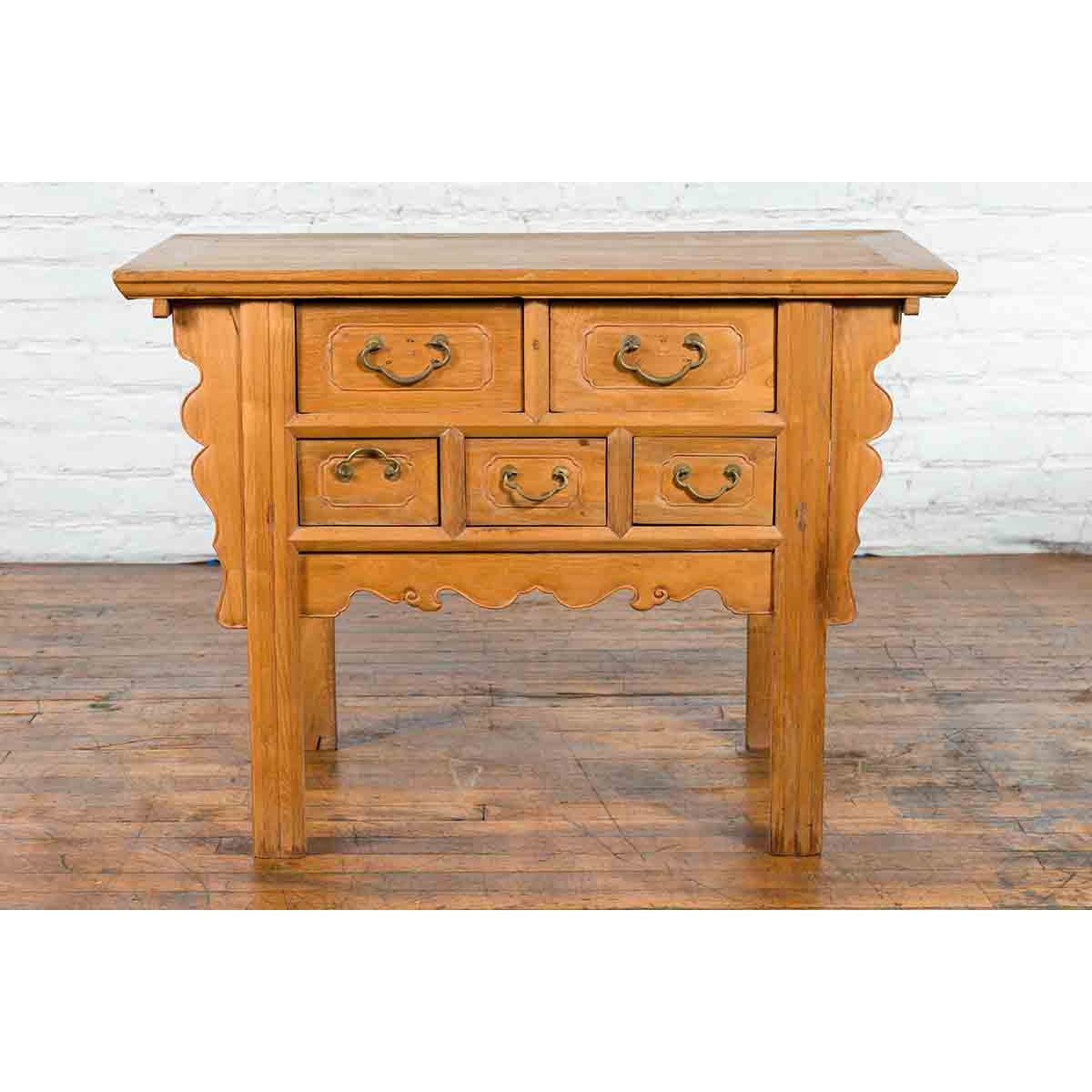 Chinese Qing 19th Century Side Table with Five Drawers and Carved Spandrels-3. Asian & Chinese Furniture, Art, Antiques, Vintage Home Décor for sale at FEA Home