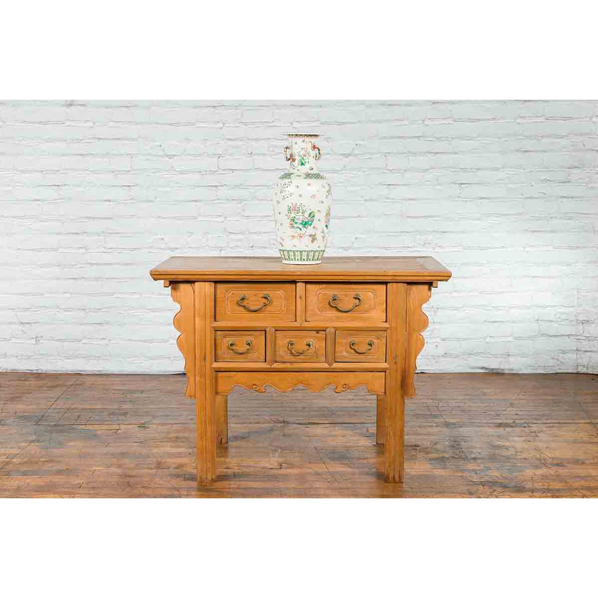 Chinese Qing 19th Century Side Table with Five Drawers and Carved Spandrels-4. Asian & Chinese Furniture, Art, Antiques, Vintage Home Décor for sale at FEA Home