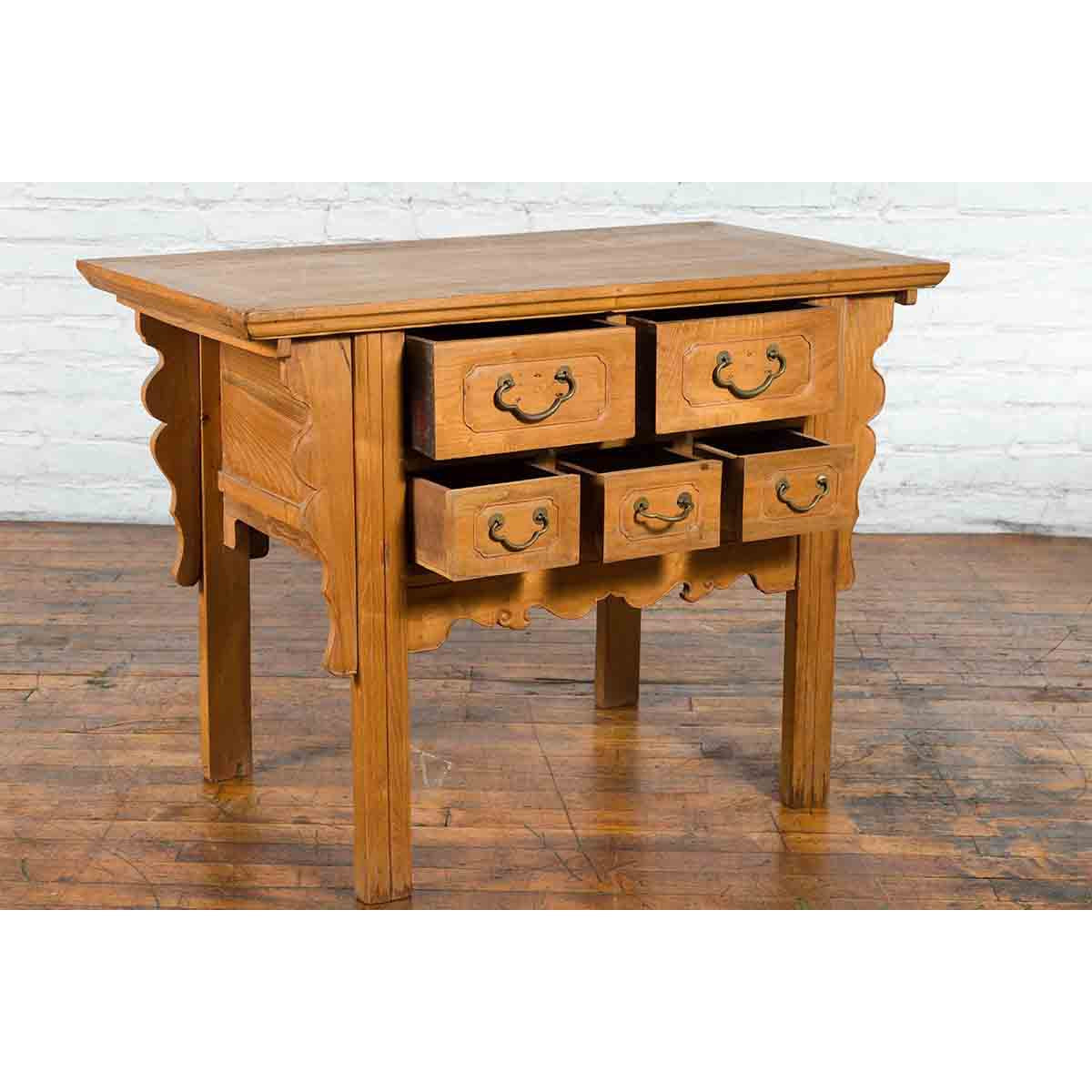 Chinese Qing 19th Century Side Table with Five Drawers and Carved Spandrels-5. Asian & Chinese Furniture, Art, Antiques, Vintage Home Décor for sale at FEA Home