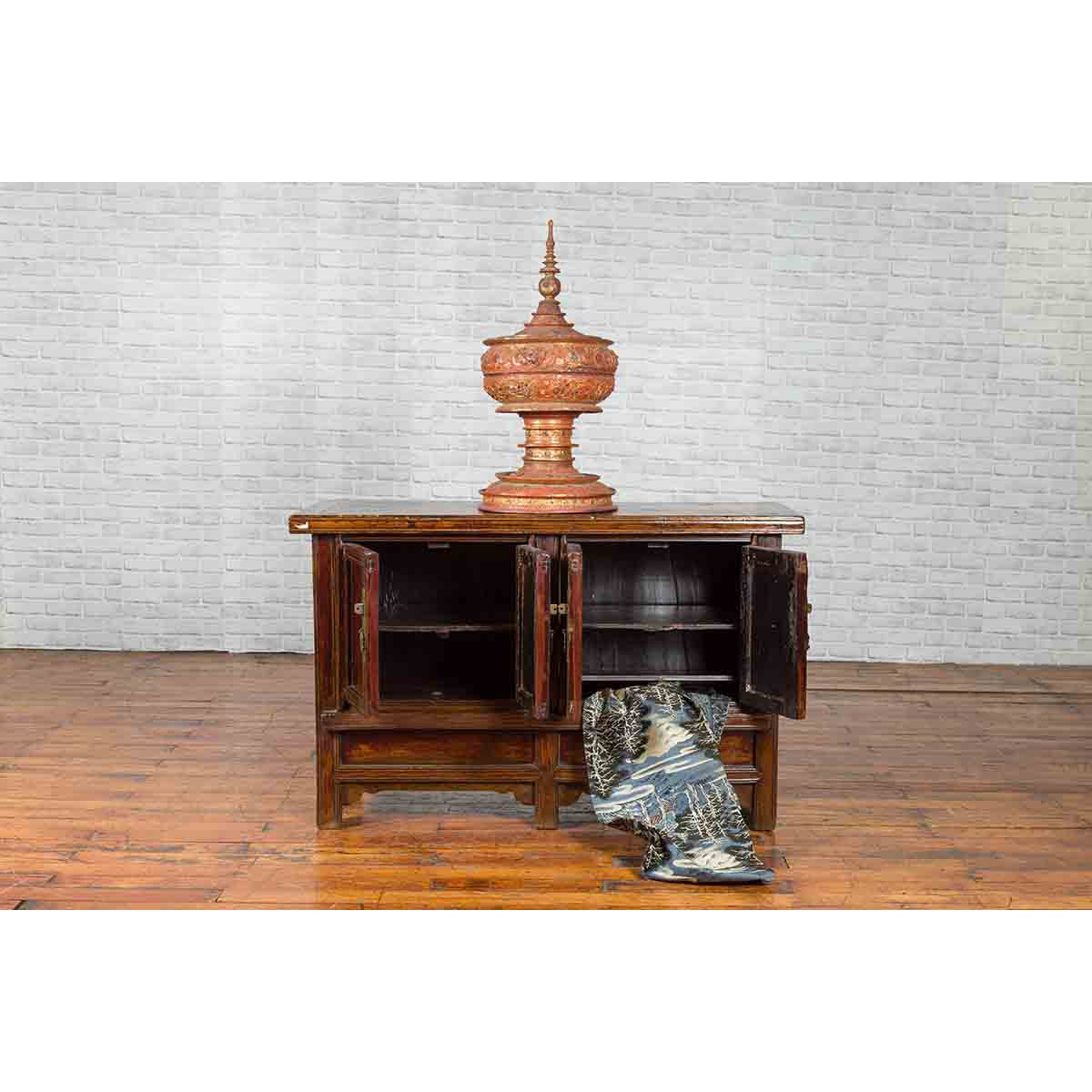 Chinese Qing Dynasty 19th Century Cabinet with Brown Lacquer and Double Doors-5. Asian & Chinese Furniture, Art, Antiques, Vintage Home Décor for sale at FEA Home