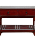 Chinese Vintage Oxblood Lacquer Side Table with Two Drawers and Fretwork Shelf-1. Asian & Chinese Furniture, Art, Antiques, Vintage Home Décor for sale at FEA Home