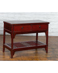 Chinese Vintage Oxblood Lacquer Side Table with Two Drawers and Fretwork Shelf-10. Asian & Chinese Furniture, Art, Antiques, Vintage Home Décor for sale at FEA Home