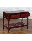 Chinese Vintage Oxblood Lacquer Side Table with Two Drawers and Fretwork Shelf-11. Asian & Chinese Furniture, Art, Antiques, Vintage Home Décor for sale at FEA Home