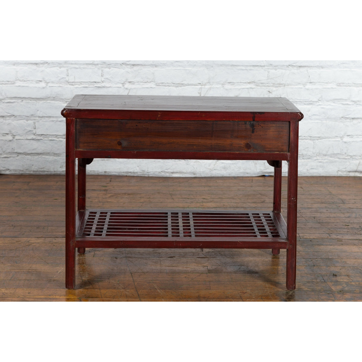 Chinese Vintage Oxblood Lacquer Side Table with Two Drawers and Fretwork Shelf-13. Asian & Chinese Furniture, Art, Antiques, Vintage Home Décor for sale at FEA Home