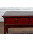 Chinese Vintage Oxblood Lacquer Side Table with Two Drawers and Fretwork Shelf-3. Asian & Chinese Furniture, Art, Antiques, Vintage Home Décor for sale at FEA Home