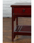 Chinese Vintage Oxblood Lacquer Side Table with Two Drawers and Fretwork Shelf-6. Asian & Chinese Furniture, Art, Antiques, Vintage Home Décor for sale at FEA Home