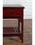 Chinese Vintage Oxblood Lacquer Side Table with Two Drawers and Fretwork Shelf-7. Asian & Chinese Furniture, Art, Antiques, Vintage Home Décor for sale at FEA Home