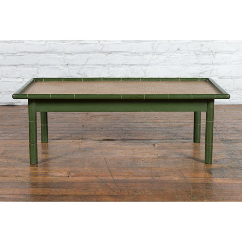 Vintage Thai Green Painted Faux Bamboo Coffee Table with Woven Rattan Top-YN3322-3. Asian & Chinese Furniture, Art, Antiques, Vintage Home Décor for sale at FEA Home