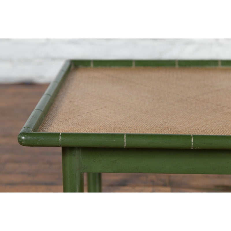 Vintage Thai Green Painted Faux Bamboo Coffee Table with Woven Rattan Top-YN3322-9. Asian & Chinese Furniture, Art, Antiques, Vintage Home Décor for sale at FEA Home