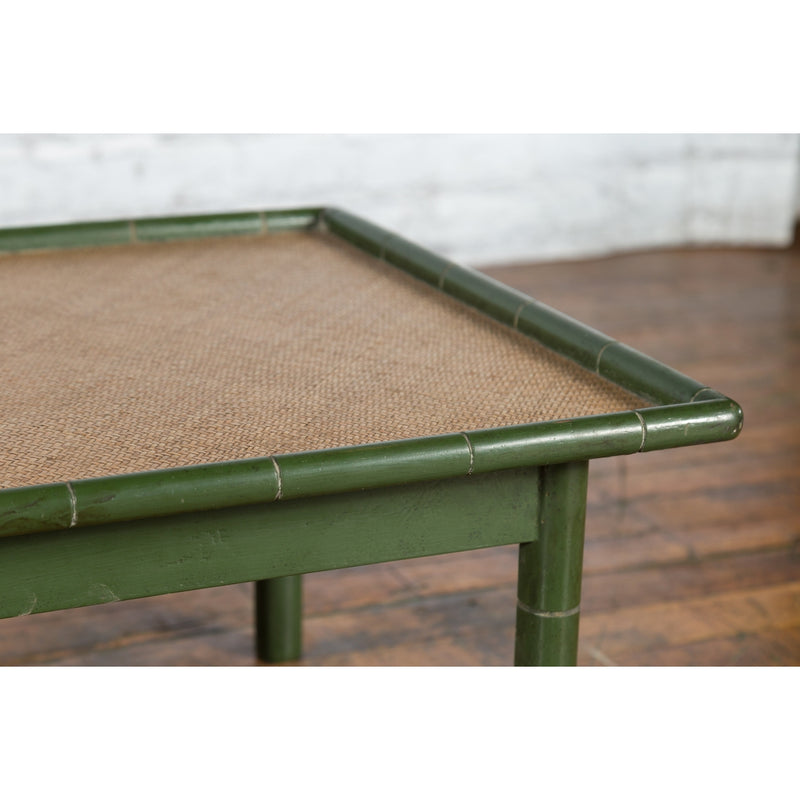 Vintage Thai Green Painted Faux Bamboo Coffee Table with Woven Rattan Top-YN3322-10. Asian & Chinese Furniture, Art, Antiques, Vintage Home Décor for sale at FEA Home