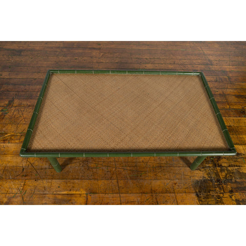 Vintage Thai Green Painted Faux Bamboo Coffee Table with Woven Rattan Top-YN3322-11. Asian & Chinese Furniture, Art, Antiques, Vintage Home Décor for sale at FEA Home