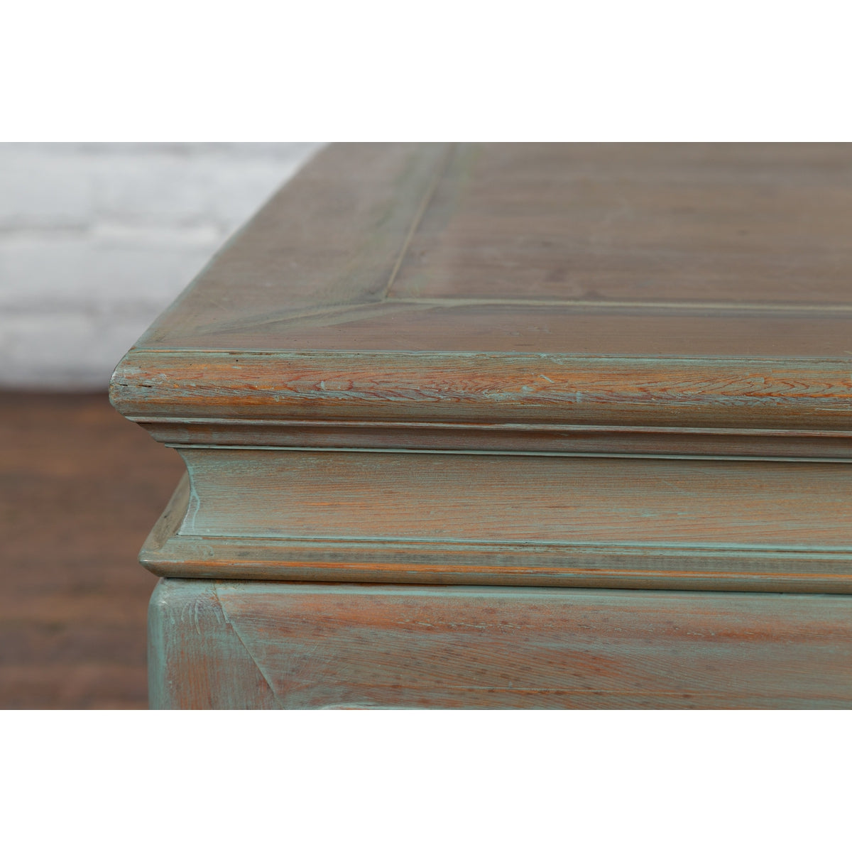 Vintage Thai Blue Washed Teakwood Waisted Coffee Table with Horse Hoof Legs-13. Asian & Chinese Furniture, Art, Antiques, Vintage Home Décor for sale at FEA Home