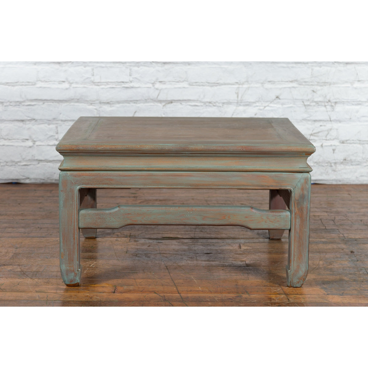Vintage Thai Blue Washed Teakwood Waisted Coffee Table with Horse Hoof Legs-3. Asian & Chinese Furniture, Art, Antiques, Vintage Home Décor for sale at FEA Home