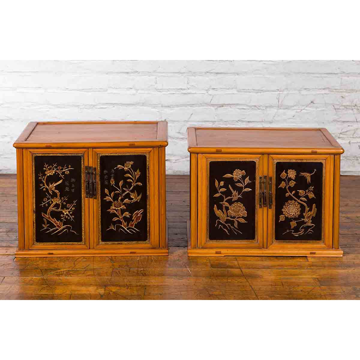 Two Chinese Qing Dynasty Fruitwood Side Cabinets with Carved Décor, Sold Each-16. Asian & Chinese Furniture, Art, Antiques, Vintage Home Décor for sale at FEA Home