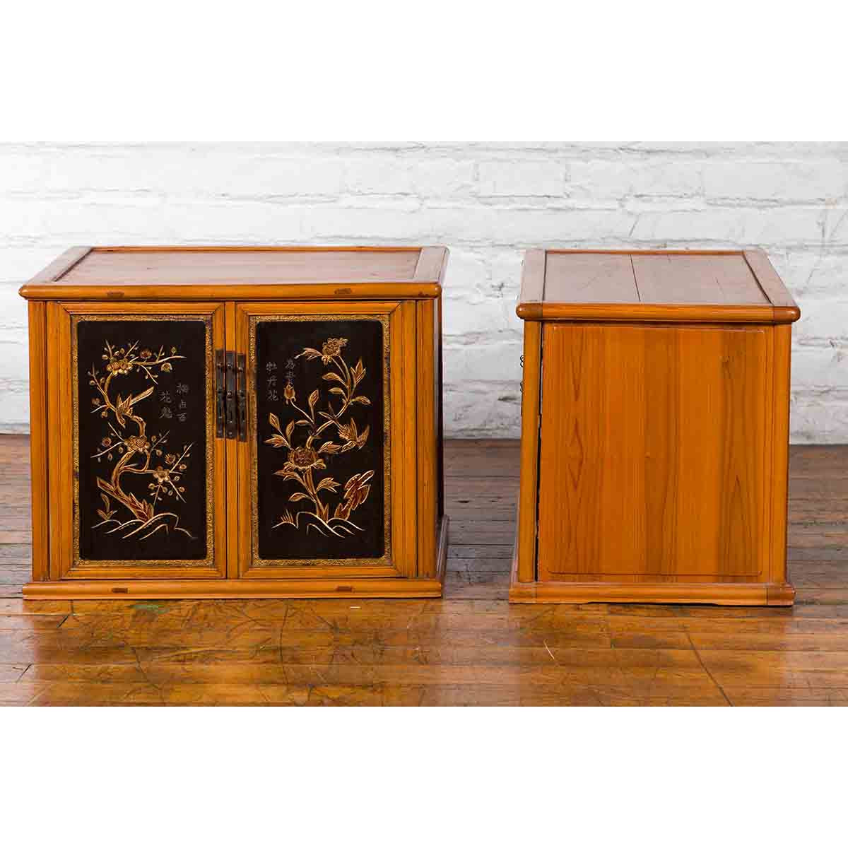 Two Chinese Qing Dynasty Fruitwood Side Cabinets with Carved Décor, Sold Each-20. Asian & Chinese Furniture, Art, Antiques, Vintage Home Décor for sale at FEA Home