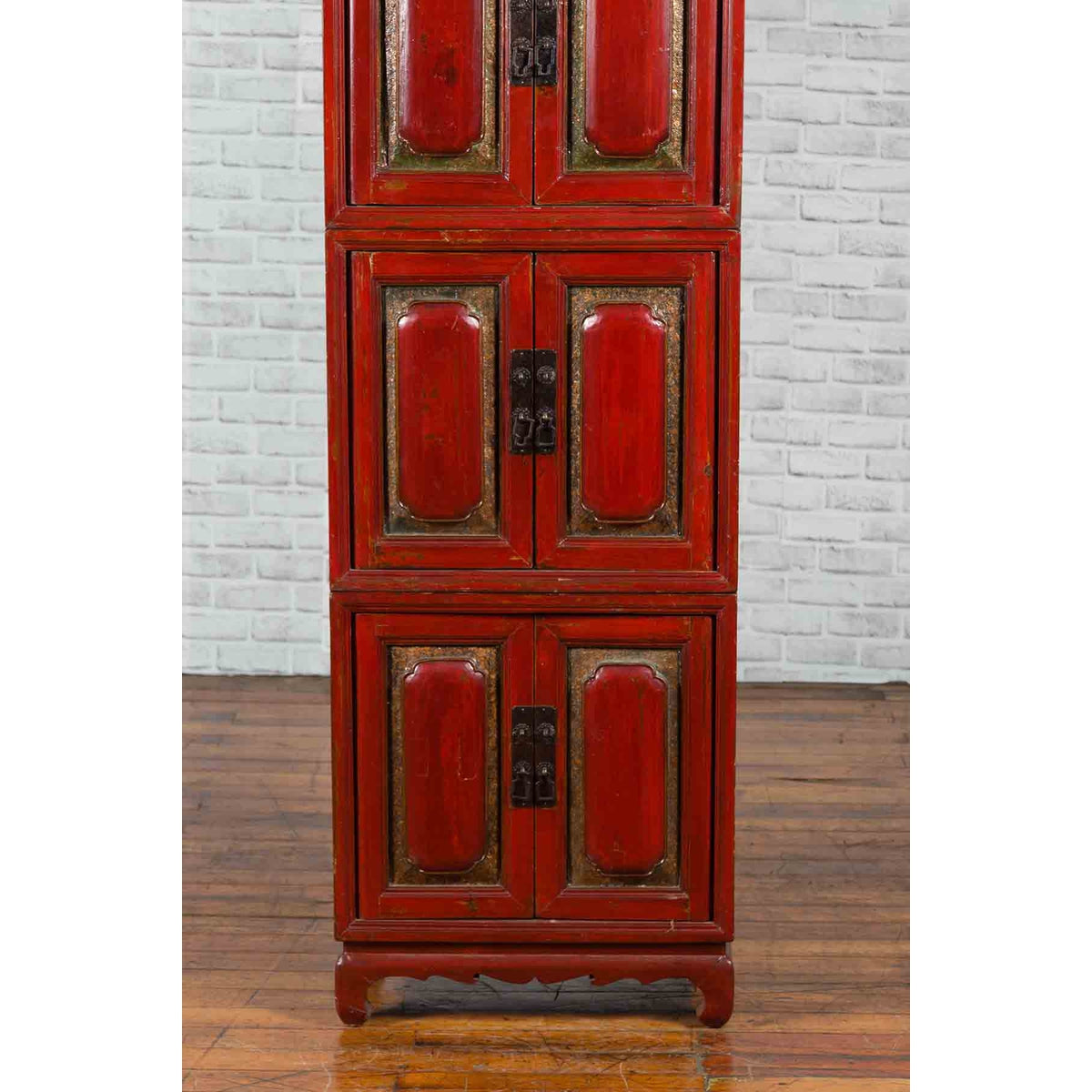 Three Piece Stacked Red Lacquered Cabinet-9. Asian & Chinese Furniture, Art, Antiques, Vintage Home Décor for sale at FEA Home