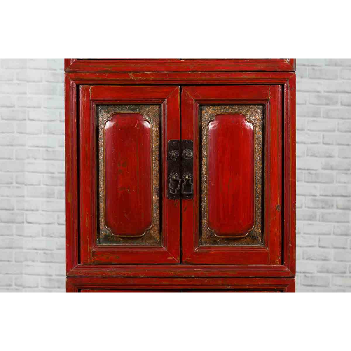 Three Piece Stacked Red Lacquered Cabinet-11. Asian & Chinese Furniture, Art, Antiques, Vintage Home Décor for sale at FEA Home