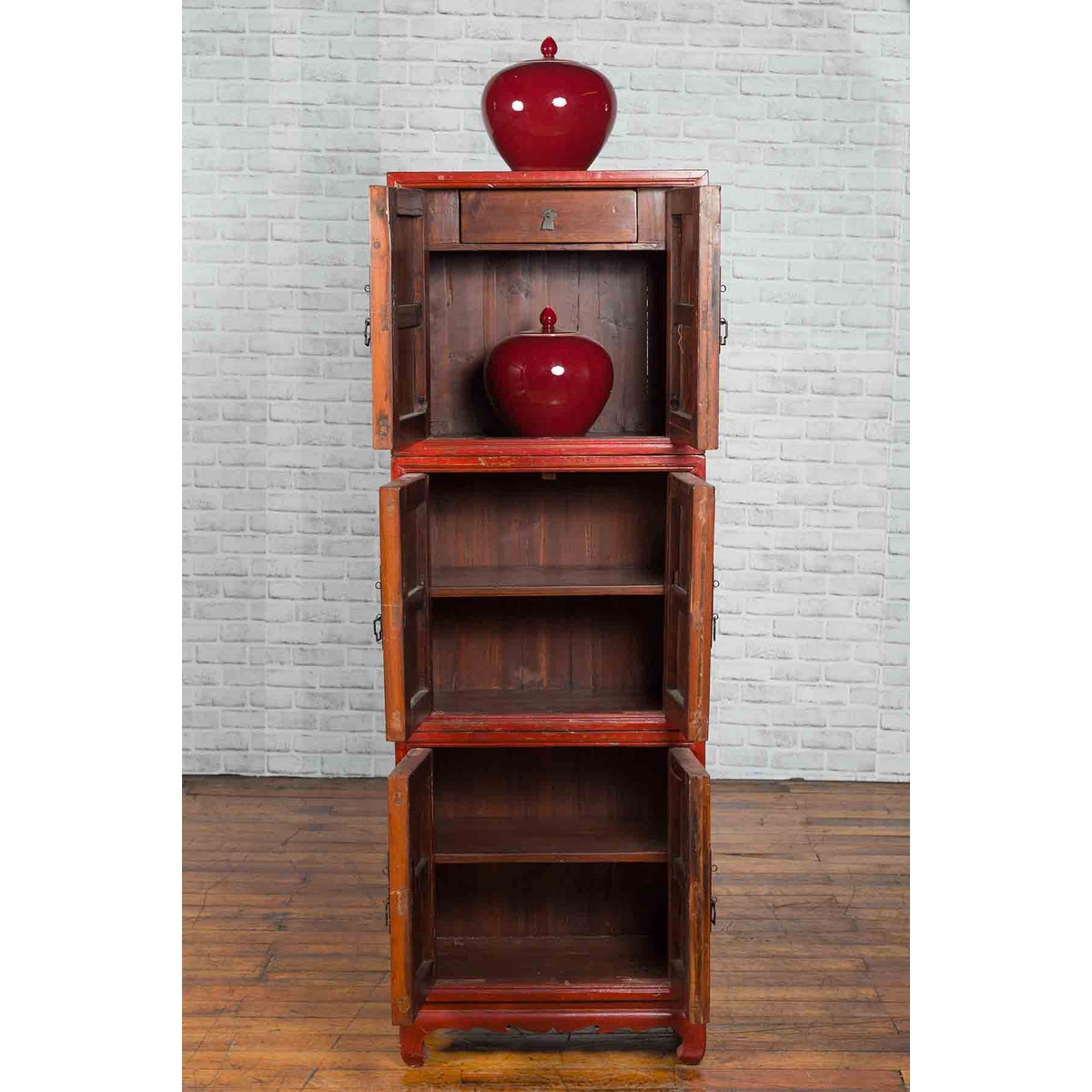 Three Piece Stacked Red Lacquered Cabinet-3. Asian & Chinese Furniture, Art, Antiques, Vintage Home Décor for sale at FEA Home