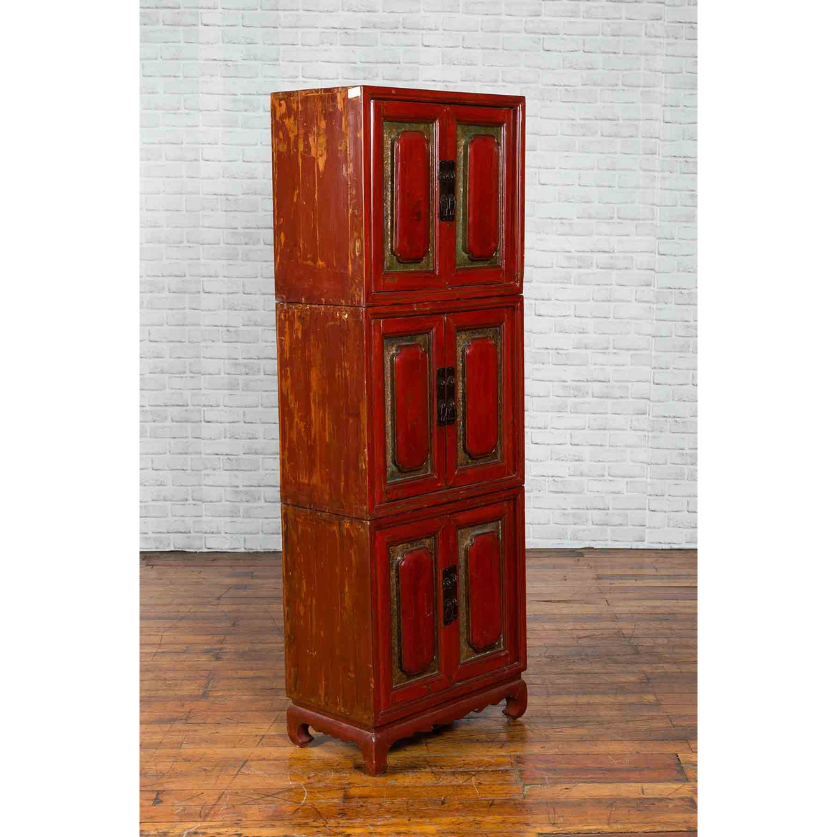 Three Piece Stacked Red Lacquered Cabinet-4. Asian & Chinese Furniture, Art, Antiques, Vintage Home Décor for sale at FEA Home