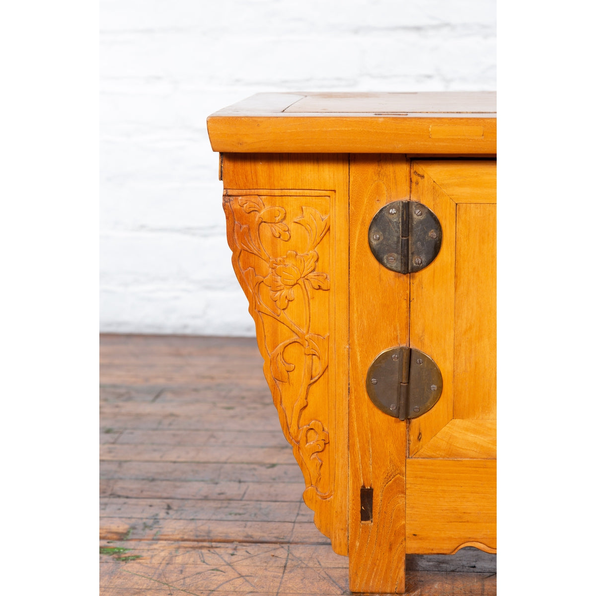 Chinese Antique Elm Wood Sideboard with Carved Spandrels and Bronze Hardware-11. Asian & Chinese Furniture, Art, Antiques, Vintage Home Décor for sale at FEA Home