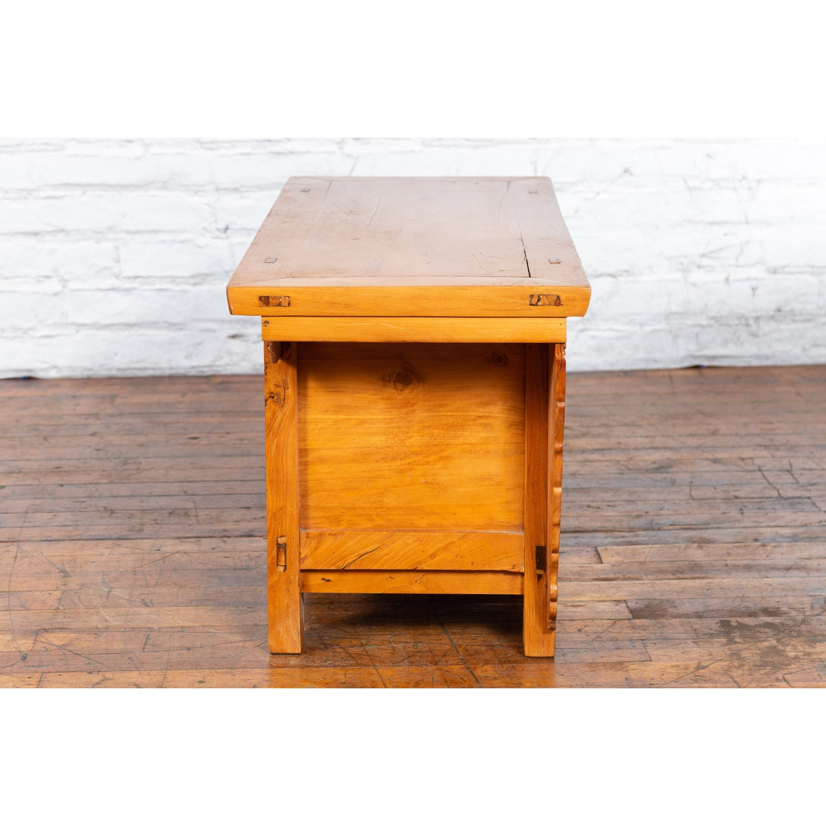 Chinese Antique Elm Wood Sideboard with Carved Spandrels and Bronze Hardware-14. Asian & Chinese Furniture, Art, Antiques, Vintage Home Décor for sale at FEA Home