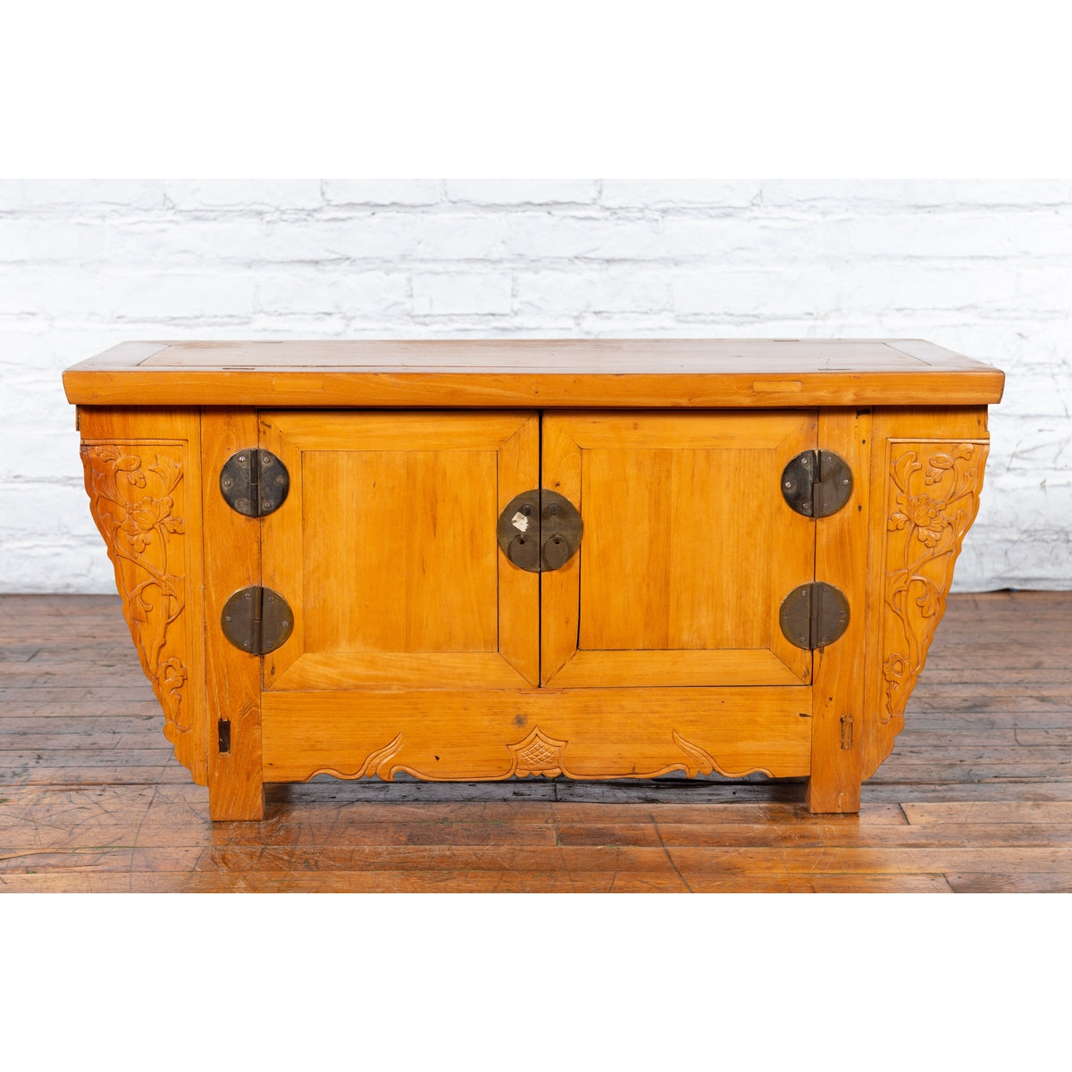 Chinese Antique Elm Wood Sideboard with Carved Spandrels and Bronze Hardware-2. Asian & Chinese Furniture, Art, Antiques, Vintage Home Décor for sale at FEA Home