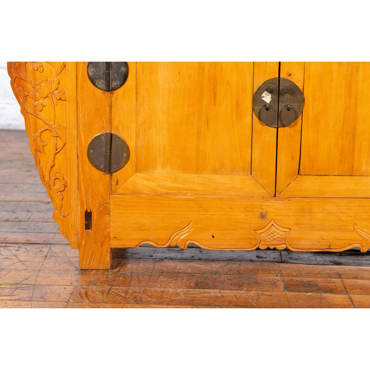 Chinese Antique Elm Wood Sideboard with Carved Spandrels and Bronze Hardware-8. Asian & Chinese Furniture, Art, Antiques, Vintage Home Décor for sale at FEA Home
