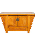 Brown elm sideboard with carved spandrels, apron, and round bronze hardware on two central doors, early 20th century China.