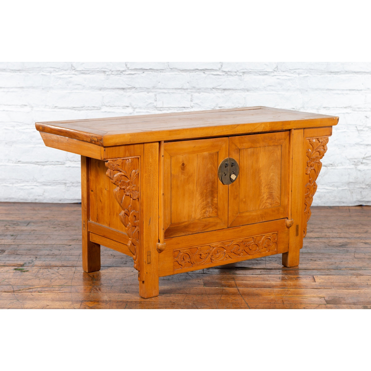 Chinese Early 20th Century Elm Sideboard with Carved Spandrels and Apron-15. Asian & Chinese Furniture, Art, Antiques, Vintage Home Décor for sale at FEA Home