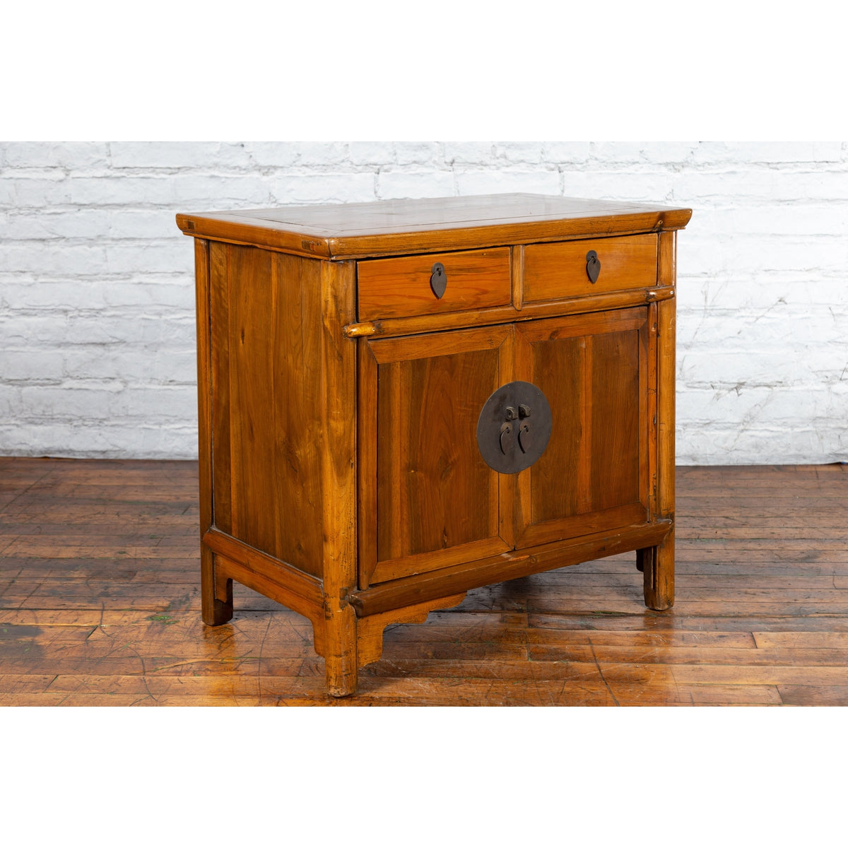 Chinese Early 20th Century Elmwood Side Chest with Bronze Medallion Hardware-11. Asian & Chinese Furniture, Art, Antiques, Vintage Home Décor for sale at FEA Home